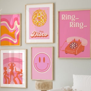 Pink and Orange Wall Art Digital Download, 70s Style Poster, 60s Disco Print, Orange Pink Decor, Dork Room Wall Art, Printable set of 5