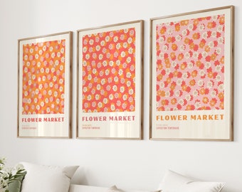 Orange Flower Market Digital Download Print, 70s Style Poster, 60s Flower Print, Pink Orange Decor, 3 Prints, Printable Art, Dork Wall Art