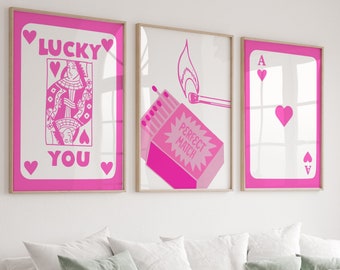 Trendy Retro Wall Art Set of 9,Retro Trendy Aesthetic Print,Lucky You Poster, Pink Print,Trendy Wall Art,Funny Art, Minimalist, Digital Art