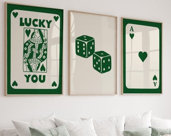 Trendy Retro Wall Art Set Of 9, Retro Trendy Minimalist Print Green and Beige Print, Lucky You Poster, Trendy Wall Art, Funny Art, Digital,