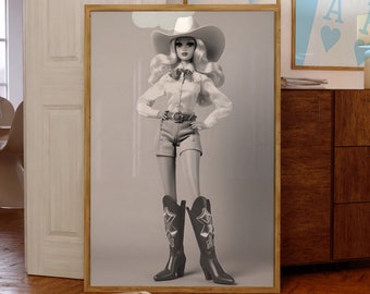 Cowgirl Wall Art, Black and White Preppy Vintage Wall Decor, Funny Dorm room decor, Cowgirl Boots. Retro Doll, Funny Printable