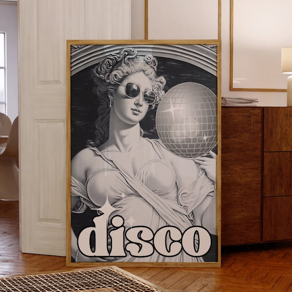 Greek Roman, Disco Wall Print, Retro Photo Poster, Black and White Print, Vintage Wall Decor, Fashion Girl Print Disco Ball Poster,Printable