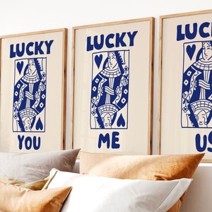 Trendy Retro Wall Art Set of 3, Retro Trendy Aesthetic Print,Lucky You Poster,Blue Print, Trendy Wall Art,Funny Art, Minimalist, Digital Art