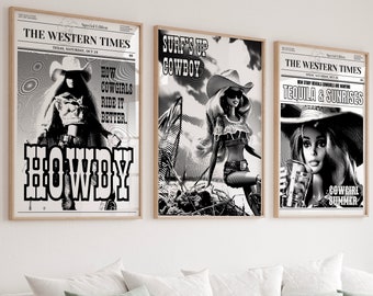 Western Art Prints Vintage Cowboy Art Wild West Art Retro Cowgirl Prints Western Gallery Wall Set Black Wall Art Digital Download Set of 3