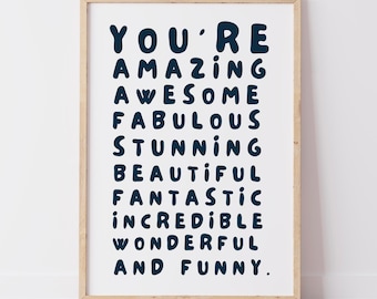 You Are Amazing Blue Poster, Funky 70s Positivity Wall Art, Digital Artwork,Printable, Girly Dorm Room Art Trendy Retro Digital Download