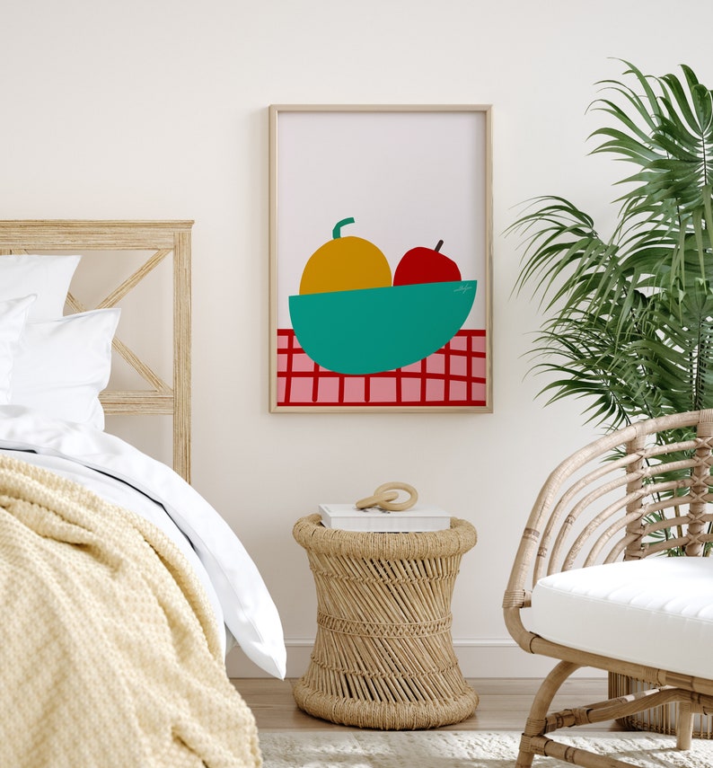 Apple And Orange Colorful Fruit Bowl Print, Food Illustration Art Print, Fruit And Vegetable Playful Food Artwork Wall Decor image 6