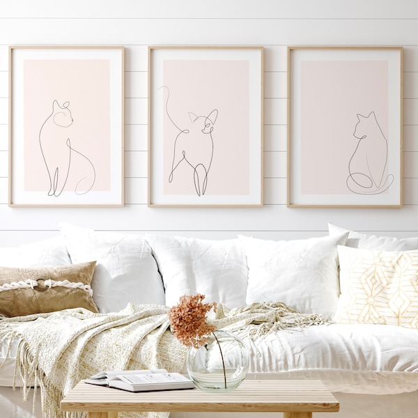 Pink Cat Wall Art Set Of 3,Feline line art poster,Blush Pink Print, Pale Pink Wall Decor,Minimalist Wall Art,Pink Wall Art, Baby Pink art