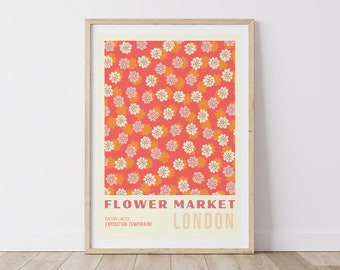 Orange Flower Market Digital Download Print, 70s Style Poster, 60s Flower Print, Pink Orange Decor, Dorm Room Wall Art, Printable Art