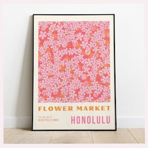 Pink Print, Flower Market Digital Download Print, 70s Style Poster, Honolulu Art, Pink Decor, Printable Art, Pink Wall Art, Honolulu Print,