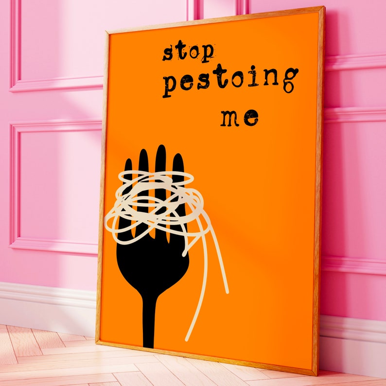 Pesto Pasta Poster, Trendy Retro Kitchen Art, Spaghetti Wall Poster, Pasta Lover Art Maximalist Print Orange Kitchen Decor, Digital Download image 1