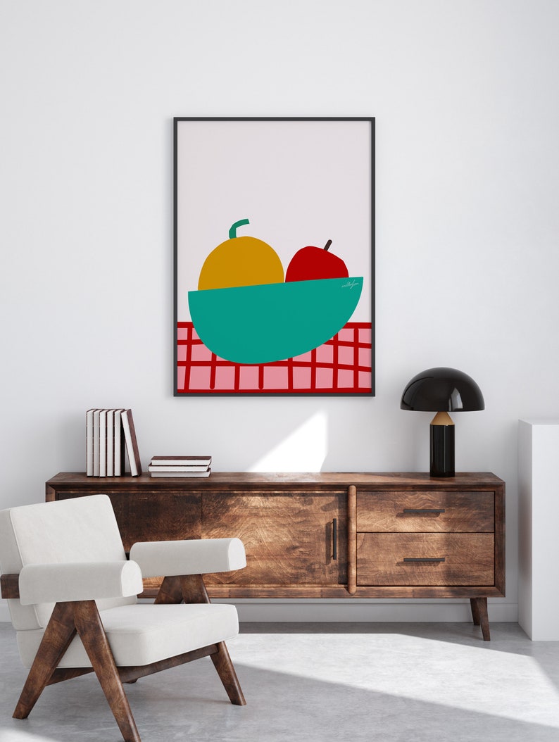 Apple And Orange Colorful Fruit Bowl Print, Food Illustration Art Print, Fruit And Vegetable Playful Food Artwork Wall Decor image 3