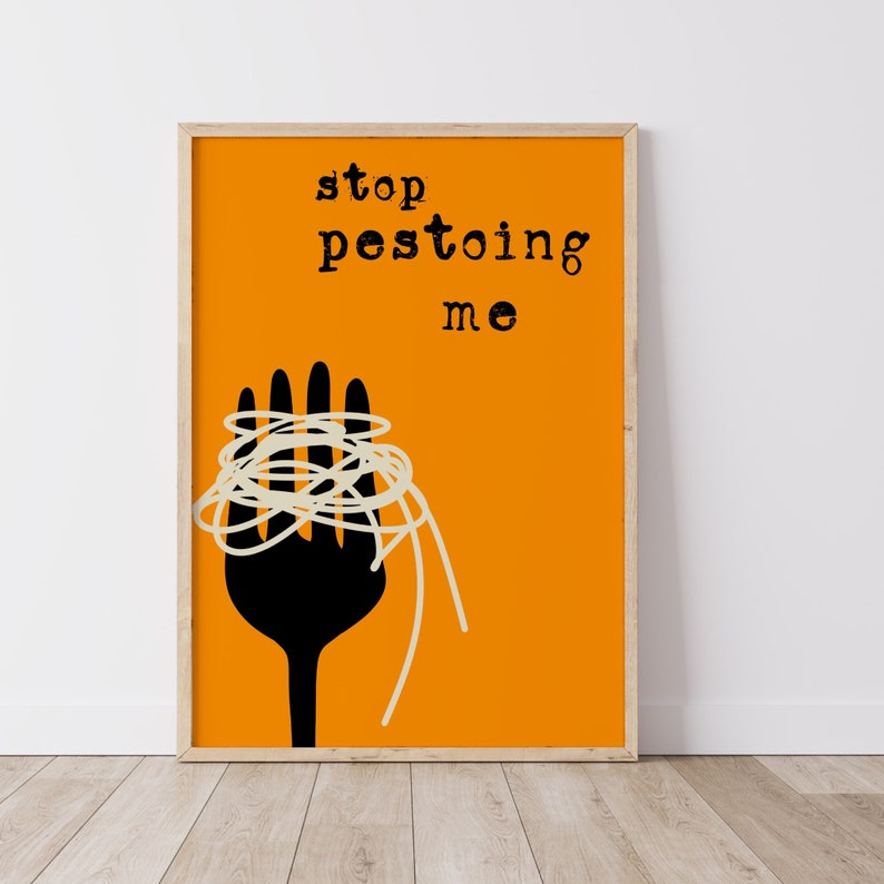 Pesto Pasta Poster, Trendy Retro Kitchen Art, Spaghetti Wall Poster, Pasta Lover Art Maximalist Print Orange Kitchen Decor, Digital Download image 5