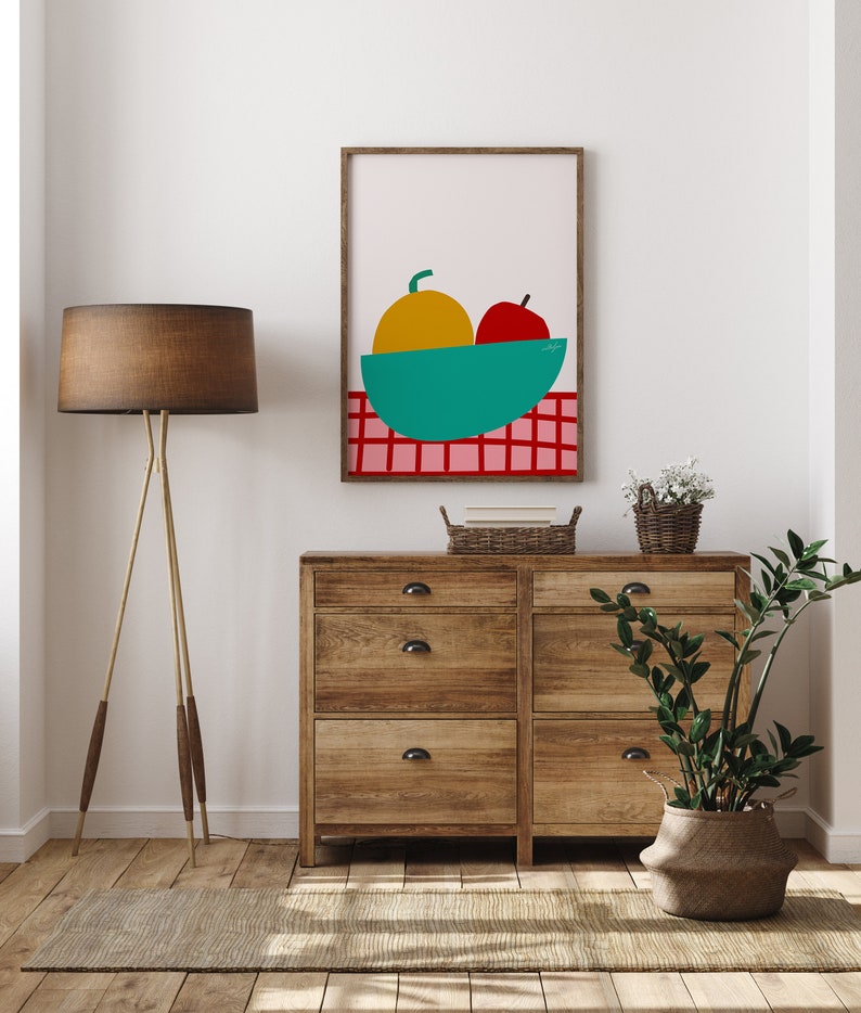 Apple And Orange Colorful Fruit Bowl Print, Food Illustration Art Print, Fruit And Vegetable Playful Food Artwork Wall Decor image 2