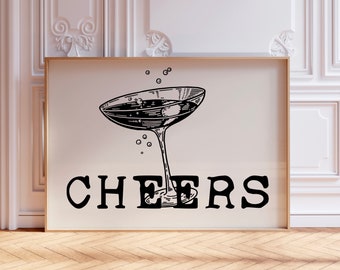 Martini glass cheers print trendy vintage retro wall art bar cart drinks accessories black and beige printable digital download 1 print