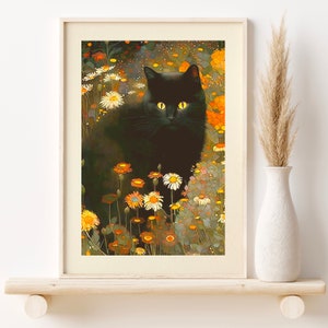 Gustav Klimt Garden Cat Print, Klimt Flowers Cat Poster, Black Cat Art ...