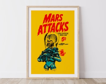 Attaques de Mars ! Affiche de film, film mural vintage des années 90, impression d'art photo, décoration Tim Burton, affiche extraterrestre, impression numérique d'art mural