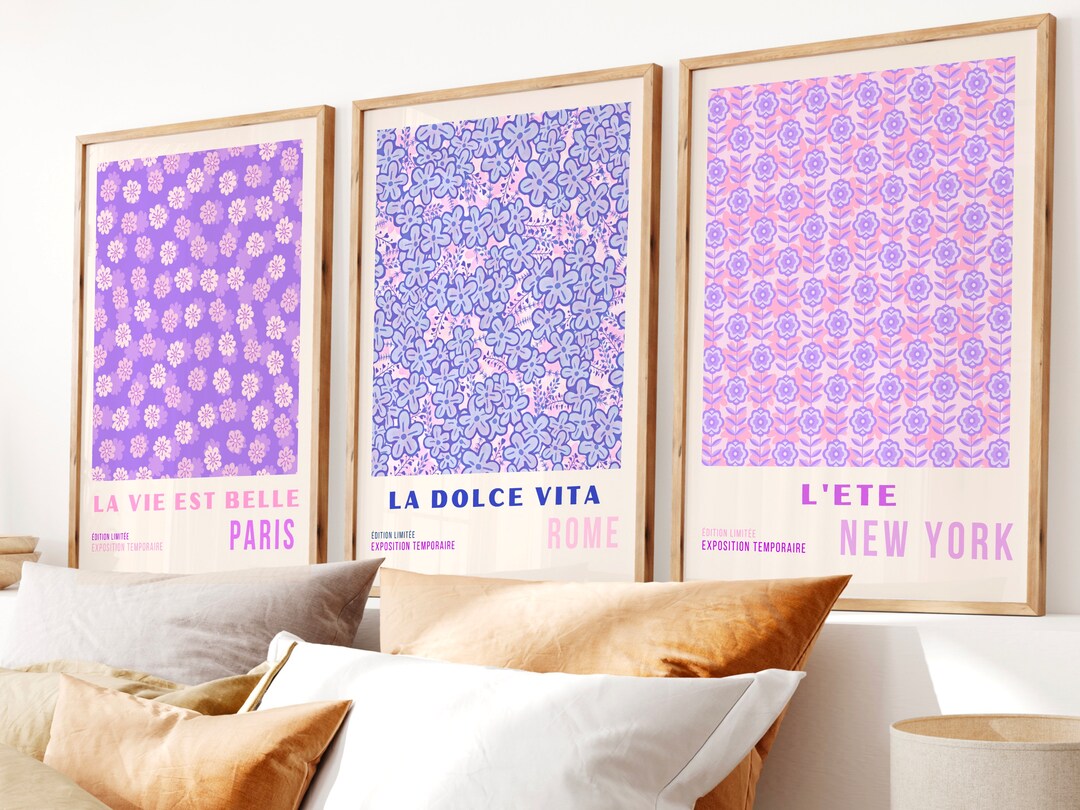 Pink Blue Wall Art Abstract Digital Download Printable Set of 3 Cute ...