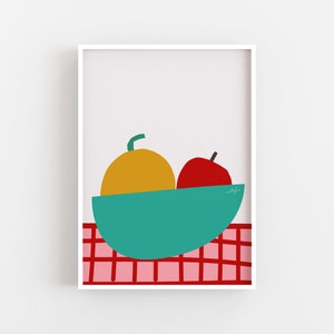 Apple And Orange Colorful Fruit Bowl Print, Food Illustration Art Print, Fruit And Vegetable Playful Food Artwork Wall Decor image 1