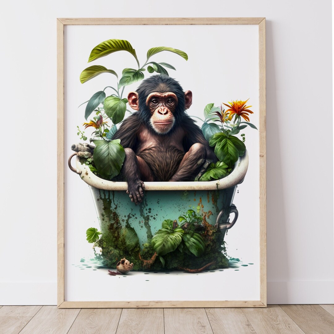Animal in Bath Bathroom Art Print, Maximalist Animal in Bathtub Jungle