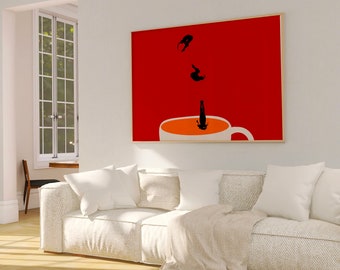 Red maximalist modern poster gift for coffee lover, kitchen wall art.