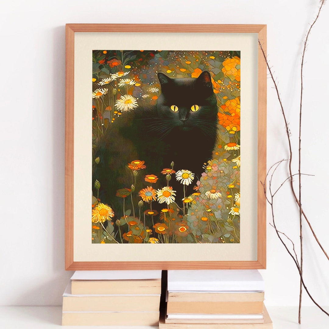 Gustav Klimt Garden Cat Print, Klimt Flowers Cat Poster, Black Cat Art ...