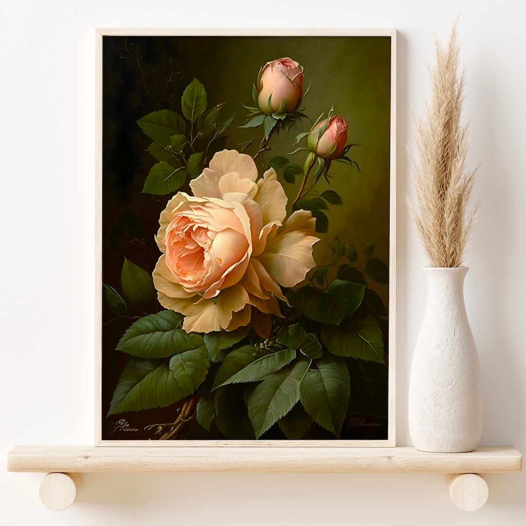 Set of 5 Vintage Rose Prints Pink Orange Flower Wall Art Digital ...