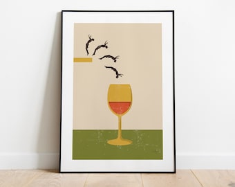 vintage wine glass wall art, funny wine lover gift, wine bar art, wine wall decor, alcohol poster, wine sign, retro home bar decor