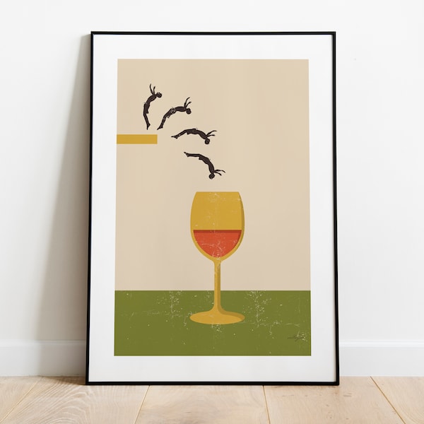 Wine Dive Wall Art, Wine Poster, Retro Wine Poster, Retro Alcohol Art, Alcohol Poster, Food Print, Vintage Kitchen Art, Funny Wine Gift