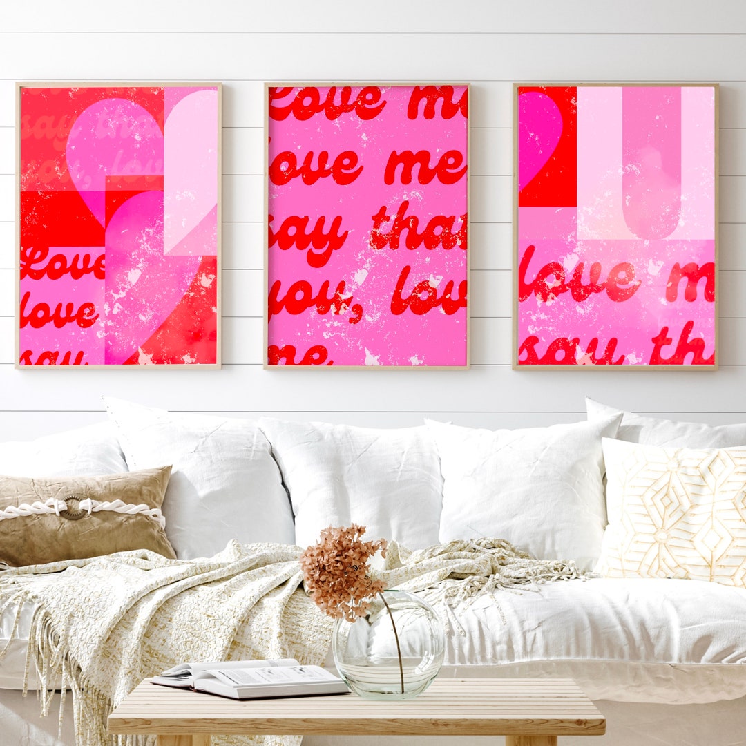 Hot Pink Wall Art Set of 6 Prints Maximalist Decor Over Sofa Prints