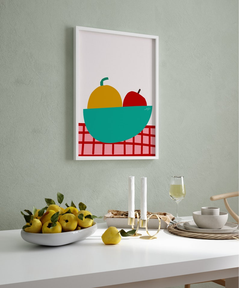 Apple And Orange Colorful Fruit Bowl Print, Food Illustration Art Print, Fruit And Vegetable Playful Food Artwork Wall Decor image 4