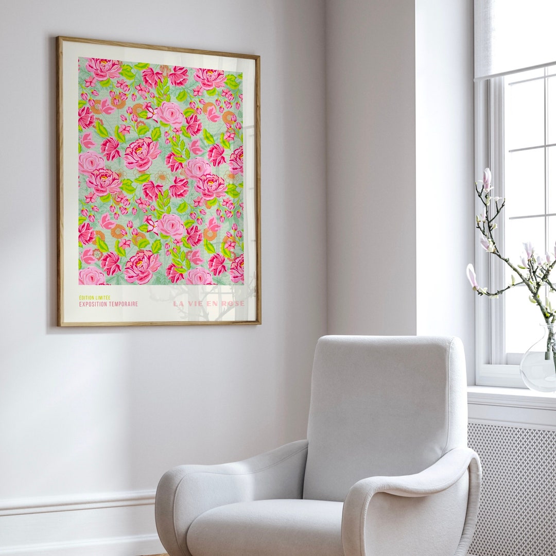 Pink Green Flower Market Digital Download Print, 70s Style Poster, 60s