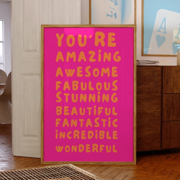 You Are Amazing Pink Orange Poster, Funky 70s Pink Wall Art, Digital Artwork,Printable, Girly Dorm Room Art Trendy Retro Digital Download