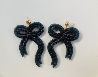 Bow Statement Earrings: Black Polymer Clay with Gold Sparkles