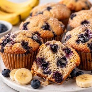 Puede incluir: Primer plano de varios muffins de arándanos en un plato blanco, con un muffin cortado que revela el interior. Rodajas de plátano y arándanos frescos están dispuestos alrededor de los muffins. Un racimo de plátanos y un cuenco de arándanos están en el fondo.