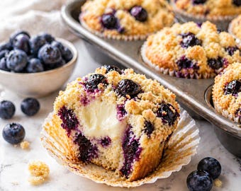 Blueberry Cream Cheese Muffins | Soft and Moist Muffins with Creamy Center & Crumb Topping | Bakery Style Treat