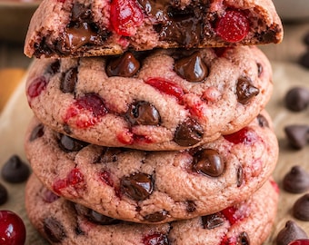 May include: A stack of three cherry chocolate chip cookies, with a fourth cookie cut in half on top. The cookies are a light pink color, with dark chocolate chips and red cherries visible throughout. Chocolate chips and cherries are scattered around the cookies.