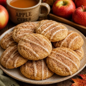 May include: A plate of round, golden-brown cookies topped with a white icing drizzle and a dusting of cinnamon. The cookies have a textured surface and are arranged in a stack on a speckled ceramic plate, surrounded by fresh red apples.