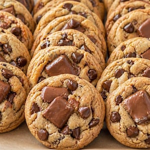Könnte beinhalten: Nahaufnahme von mehreren frisch gebackenen Schokoladen-Chip-Cookies. Die Kekse sind goldbraun mit großen Schokoladenstücken und kleineren Schokostückchen. Sie sind in ordentlichen Reihen angeordnet, was auf eine Bäckerei oder hausgemachte Leckerei hindeutet.