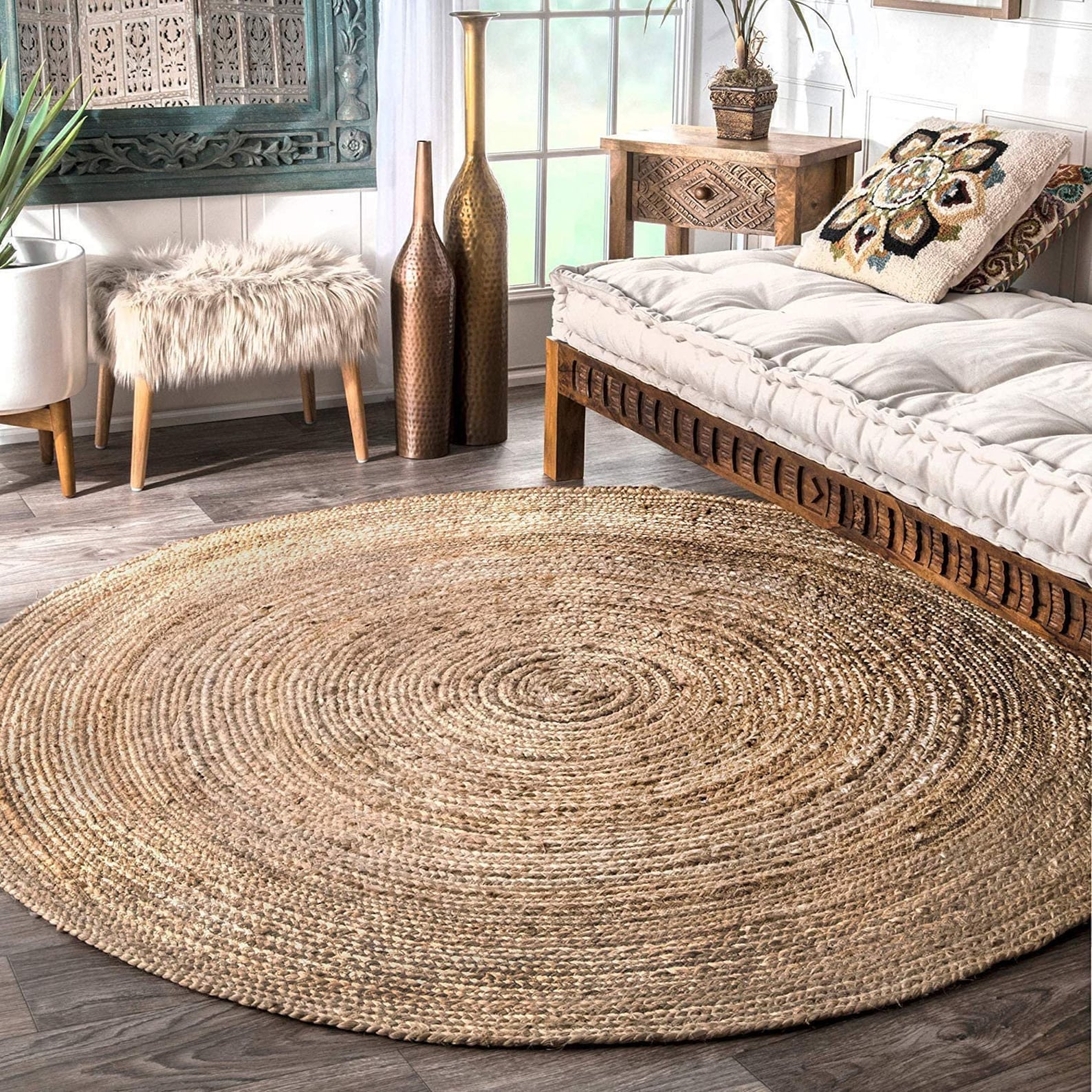 AVG Jute Rug Natural Beige Round Handmade Rug Bohemian Rustic Etsy