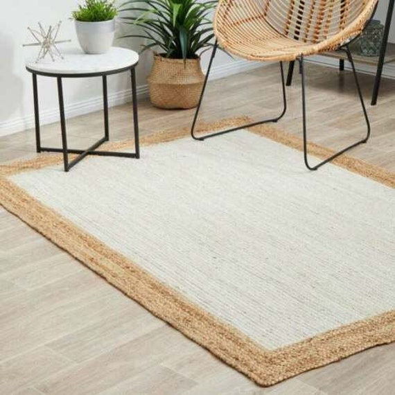 Rug White With Beige Border Rectangle Handmade Rustic Braided style Reversible 