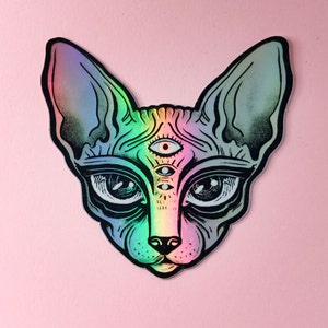 Adesivo olografico di gatto alieno - 76 mm x 71 mm