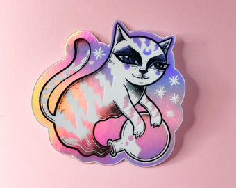 Holographic die cut vinyl sticker of magical cat coming out of potion - 76 mm x 76 mm