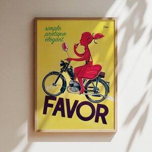 Favor Scooter Girl Vintage Poster in Rot, Wand Kunst, Loungeroom Decor, Vintage Kunst, Roller, Fahrräder, Kinderzimmer Kunst, Gelb und Rot