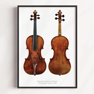 May include: A framed print featuring two violins. One violin shows the front, the other the back. The violins are brown with black strings and a dark brown fingerboard. The print includes text at the bottom: "Giuseppe Guarneri 'del Gesù' 'Vieuxtemps' violin, c.1741."