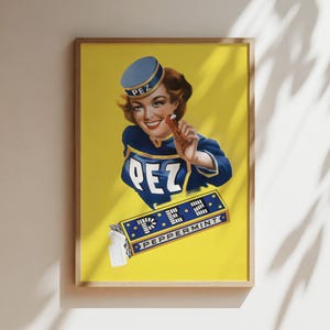 Pez Gelbes Poster, Vintage Pez Süßigkeitsdruck, Kunst über Lollies Poster, Vintage Süßigkeitsplakat, Gelbe Kunst für Kinderzimmer, Kunst für Bars