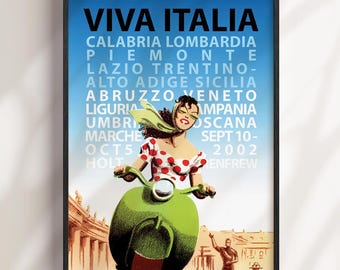 Pôster artístico "Viva Italia Scooter": Impressão artística de uma scooter verde italiana para parede, pôster em tela ou emoldurado, decoração para casa.