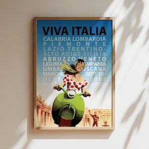 Viva Italia Roller Girl Vintage Poster in Rot, Wand Kunst, Loungeroom Decor, Vintage Kunst, Roller, Fahrräder, Kinderzimmer Kunst, Gelb und Rot