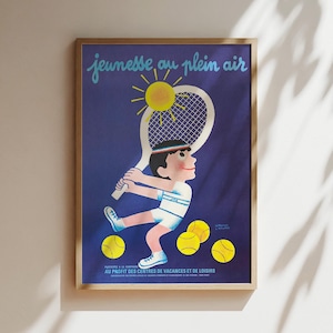 Jeunesse Au Plein Air Tennis Vintage Werbeplakat, Leinwand, Druck, gerahmt, Tennis-Wandkunst, Sportplakate, Tennisball