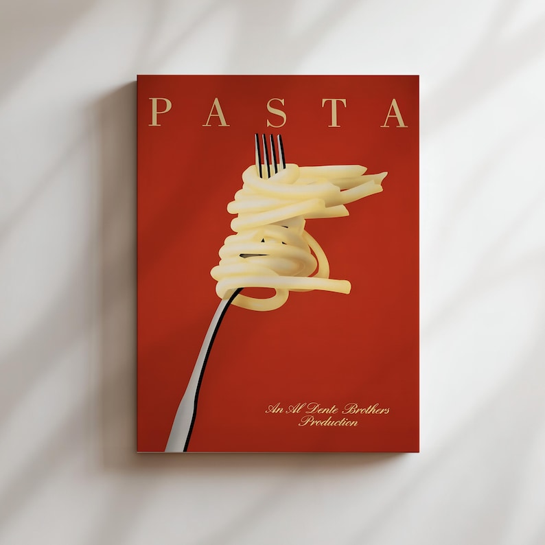 The image is a poster for a pasta dish featuring a fork with spaghetti noodles on it, set against a red background.
