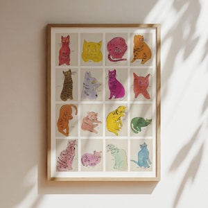 May include: A wooden framed print displaying a grid of colourful cat illustrations. Each cat is rendered in a different pose and hue, such as red, yellow, pink, and green. The artwork has a vintage, artistic style, suitable for cat enthusiasts.